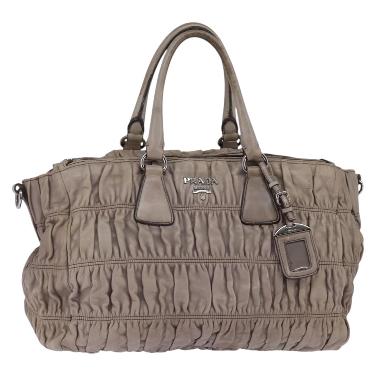PRADA Gathered Hand Bag Leather Gray Silver Auth bs29593