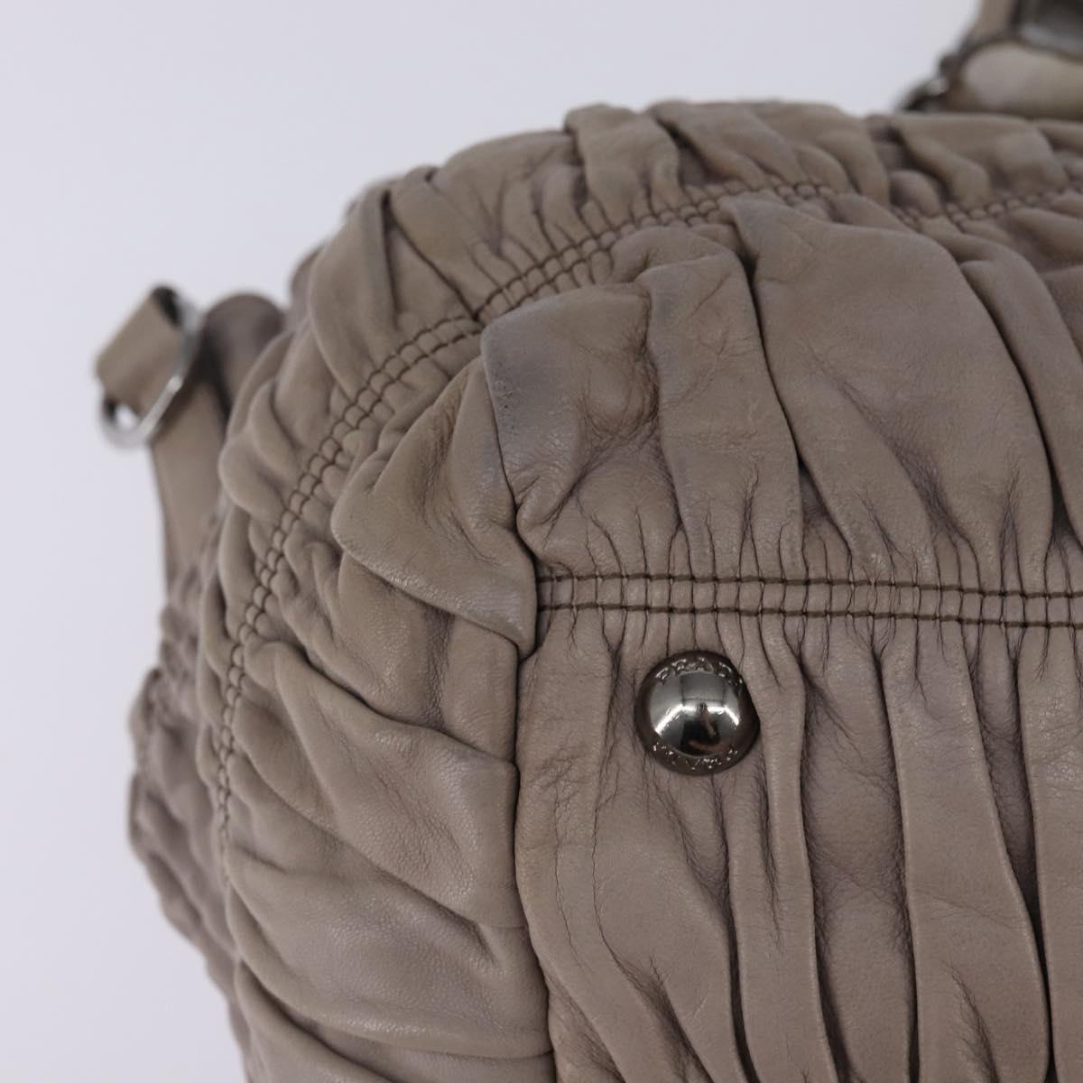 PRADA Gathered Hand Bag Leather Gray Silver Auth bs29593