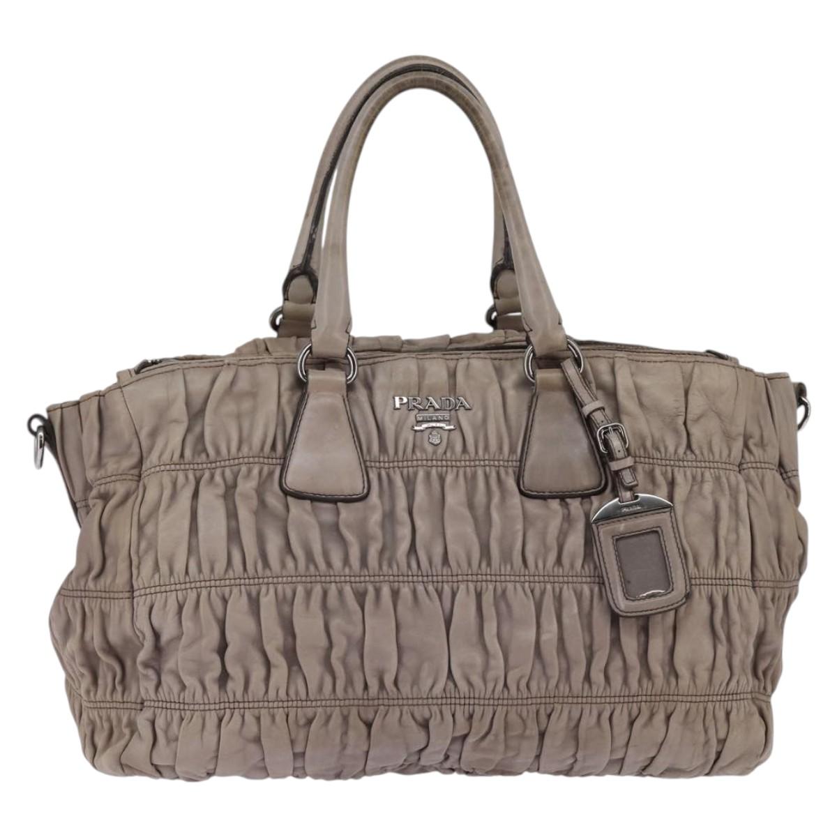 PRADA Gathered Hand Bag Leather Gray Silver Auth bs29593