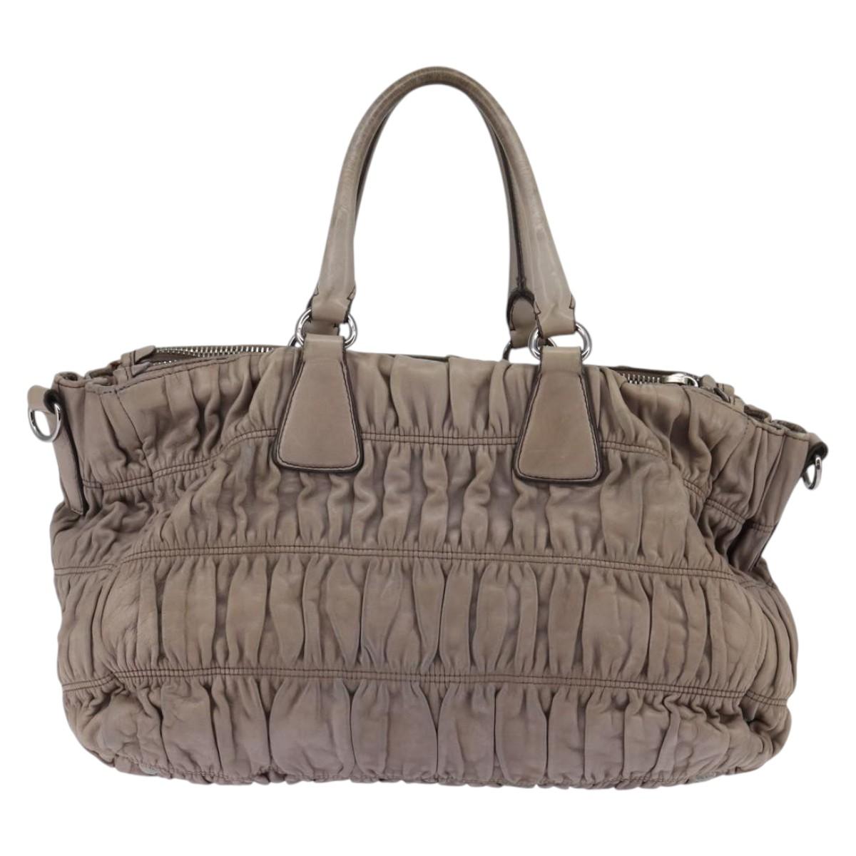 PRADA Gathered Hand Bag Leather Gray Silver Auth bs29593