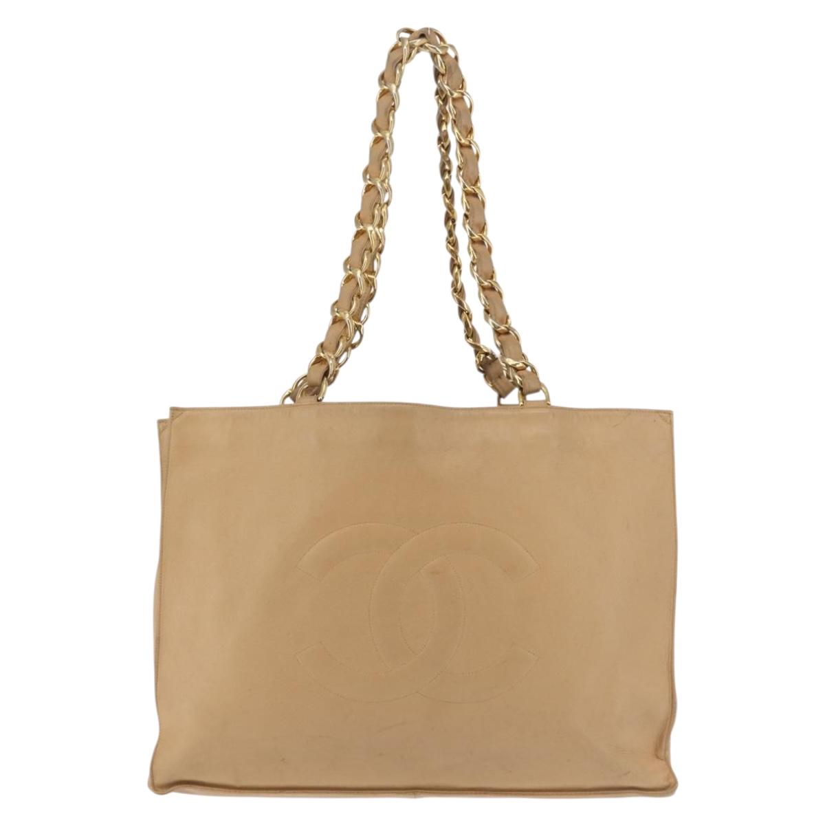 CHANEL COCO Mark Chain Tote Bag Lamb Skin Beige Gold CC Auth bs29597