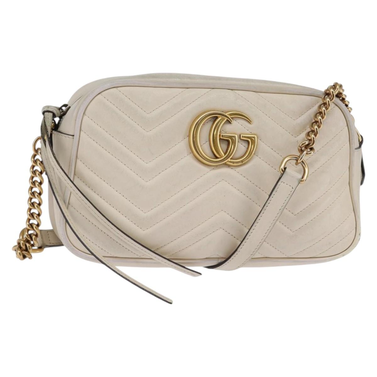 GUCCI GG Marmont Shoulder Bag Leather White Gold 447632 Auth bs29614