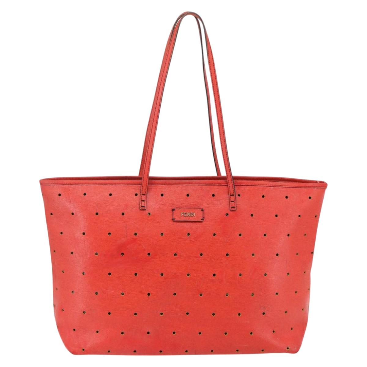 FENDI Tote Bag Punching Leather Orange Gold Auth bs29620
