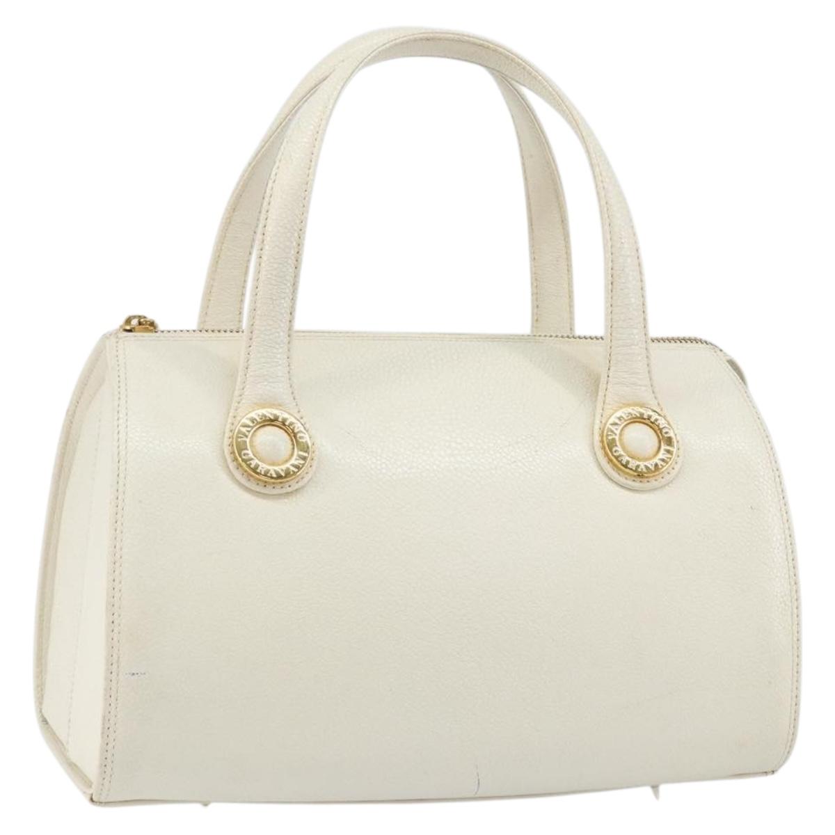 VALENTINO Hand Bag Leather White Gold Auth bs29636