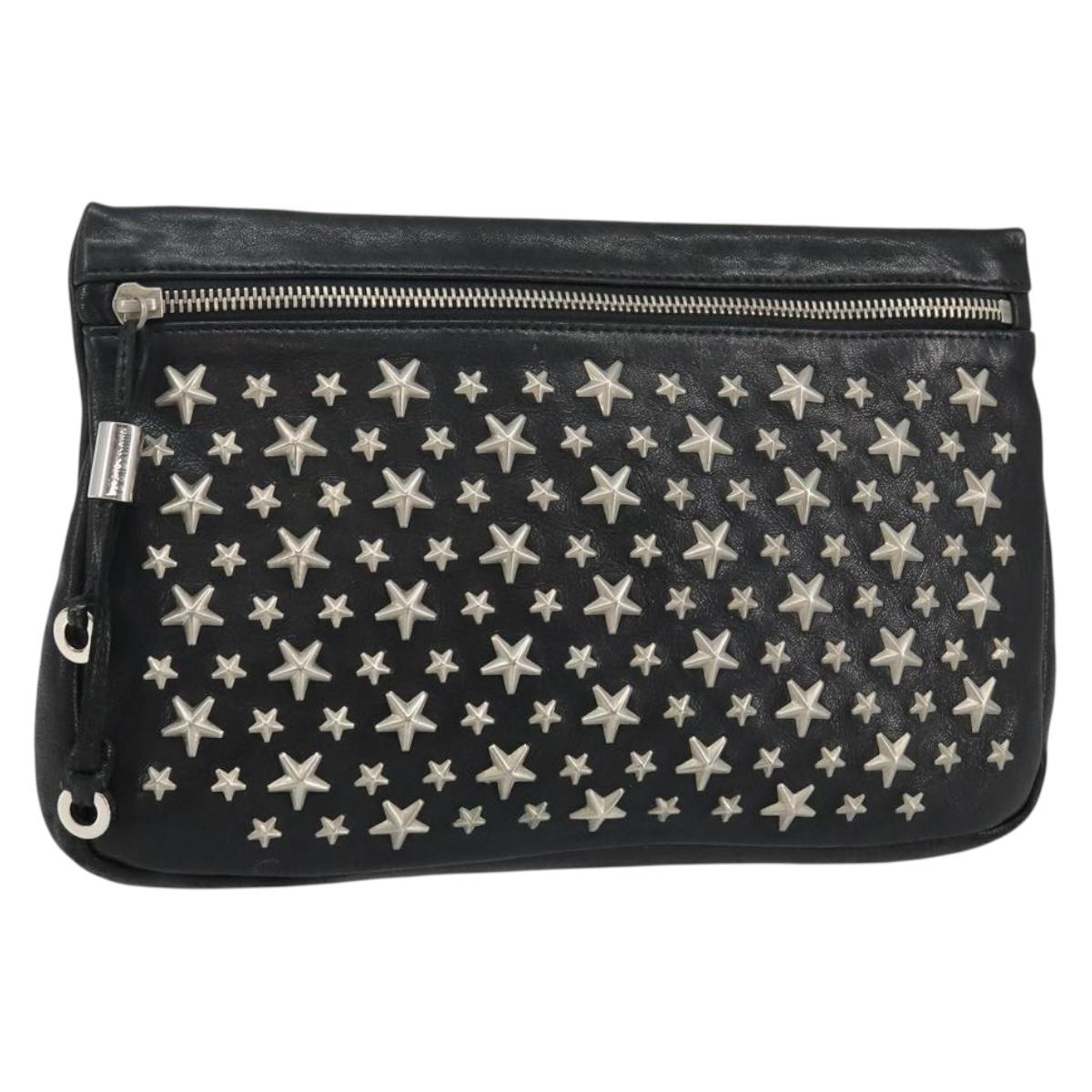Jimmy Choo Star Studs Clutch Bag Leather Black Silver Auth bs29658