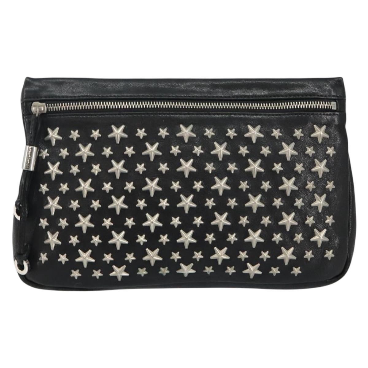 Jimmy Choo Star Studs Clutch Bag Leather Black Silver Auth bs29658