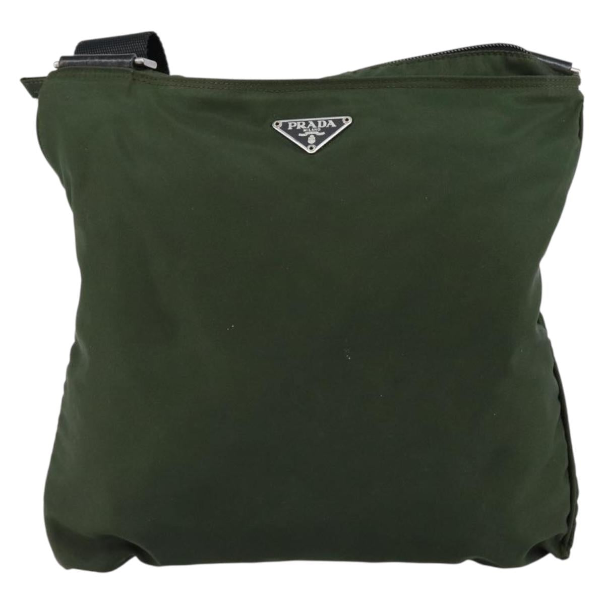 PRADA Shoulder Bag Nylon Khaki Silver Auth bs29677
