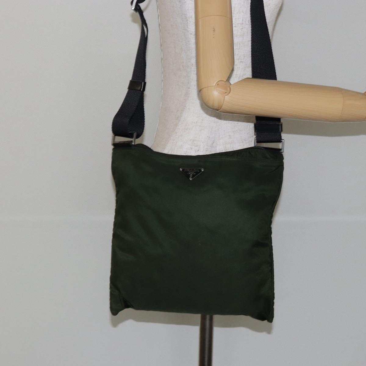 PRADA Shoulder Bag Nylon Khaki Silver Auth bs29677