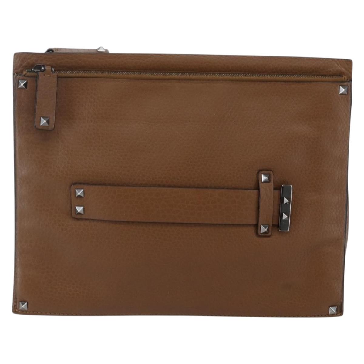 VALENTINO Clutch Bag Leather Brown Silver Auth bs29681