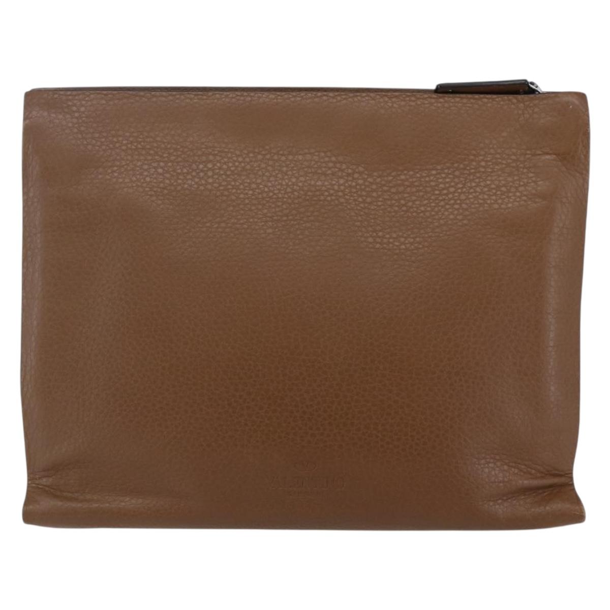 VALENTINO Clutch Bag Leather Brown Silver Auth bs29681