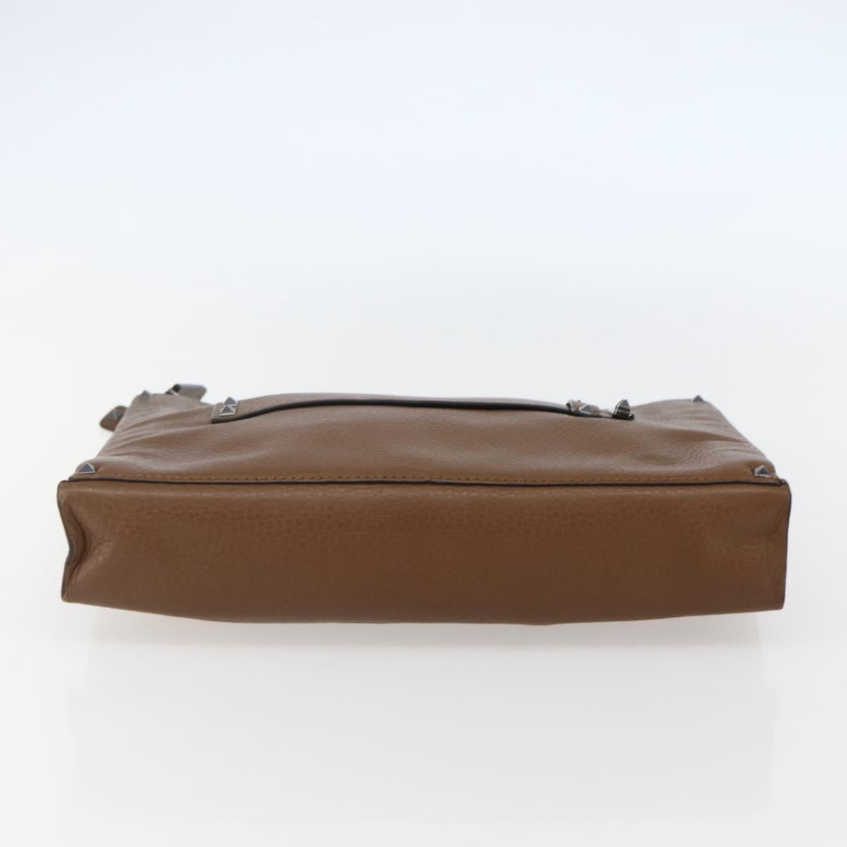 VALENTINO Clutch Bag Leather Brown Silver Auth bs29681