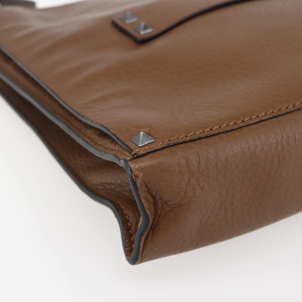 VALENTINO Clutch Bag Leather Brown Silver Auth bs29681