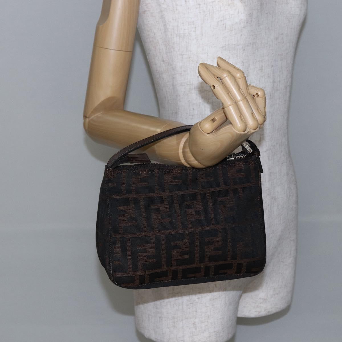 FENDI Hand Pouch Zucca Canvas Black Brown Auth bs29696