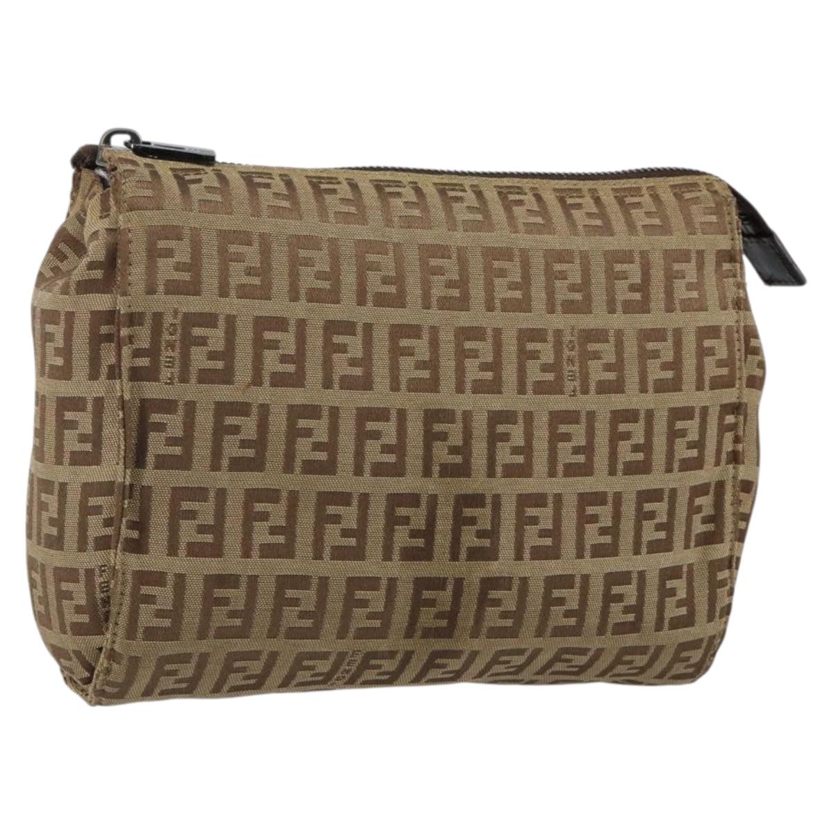 FENDI Zucchino Canvas Pouch Beige Silver Auth bs29698