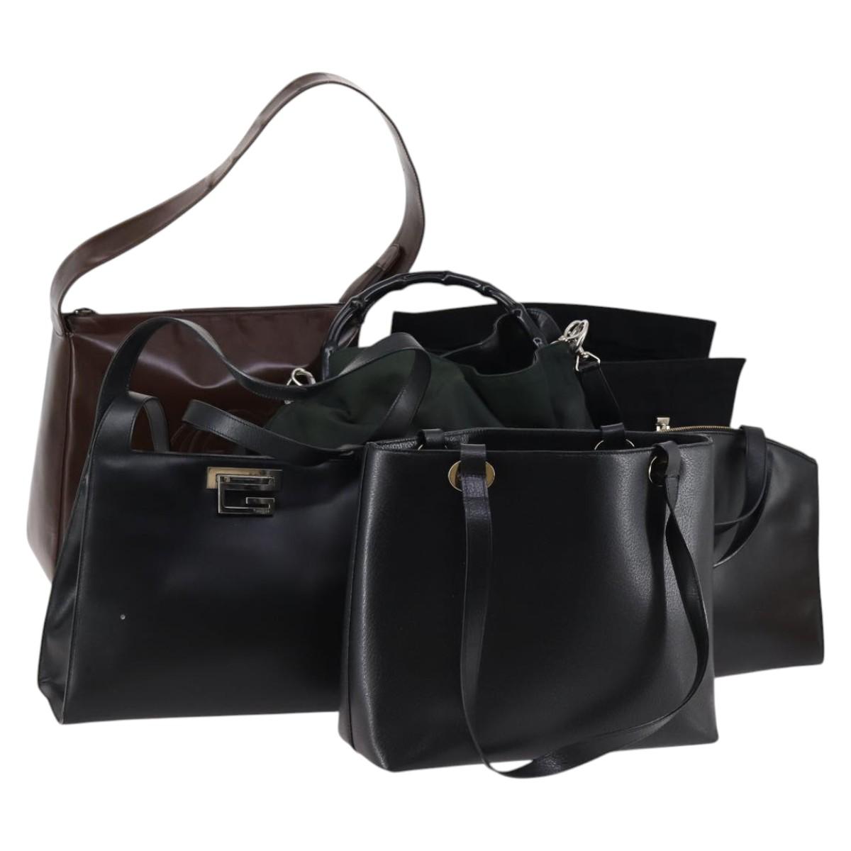 GUCCI Shoulder Bag Nylon Enamel Leather 5Set Black Brown khaki Auth bs29701