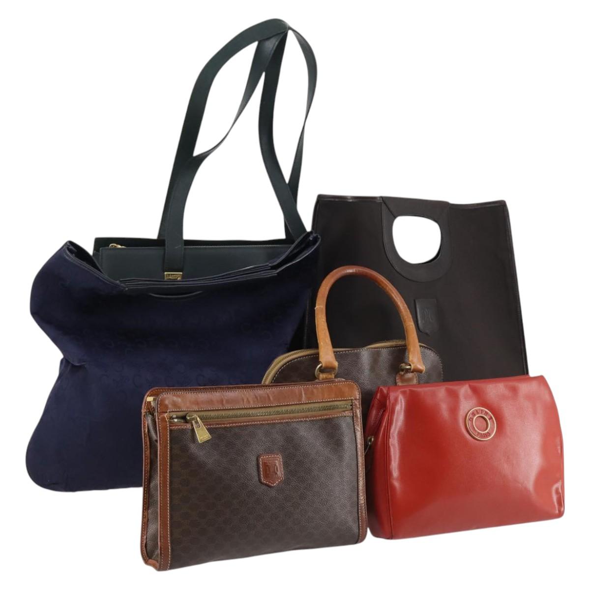 CELINE Hand Bag Canvas Nylon PVC 6 Set Brown Navy Green Auth bs29710