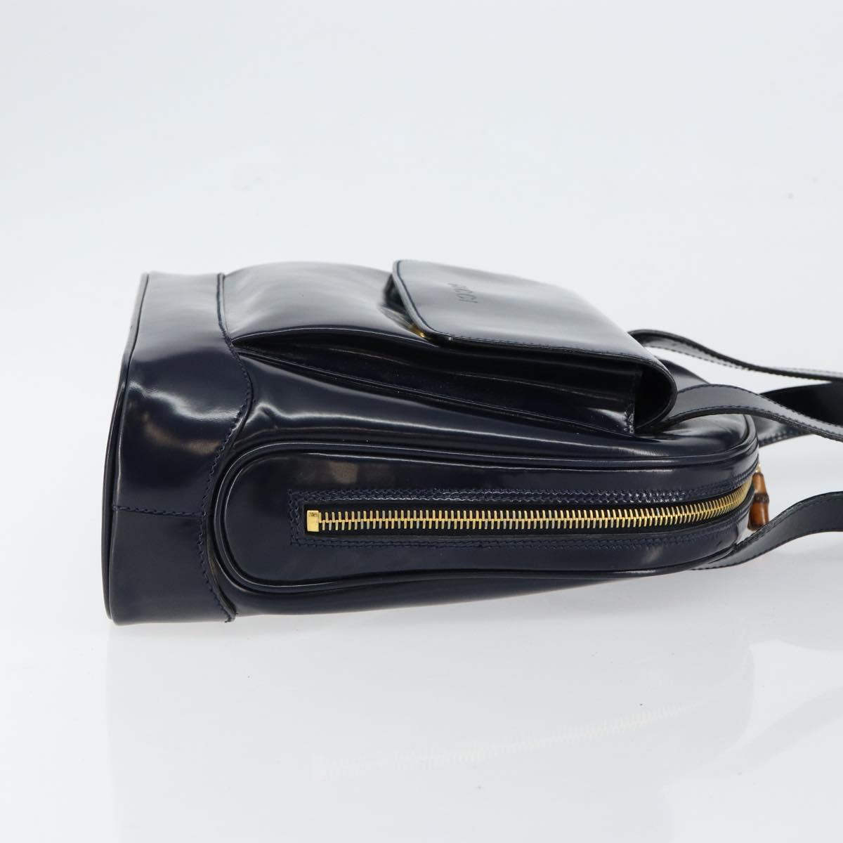 GUCCI Bamboo Shoulder Bag Patent leather Navy Gold 001 2113 1650 Auth bs29711
