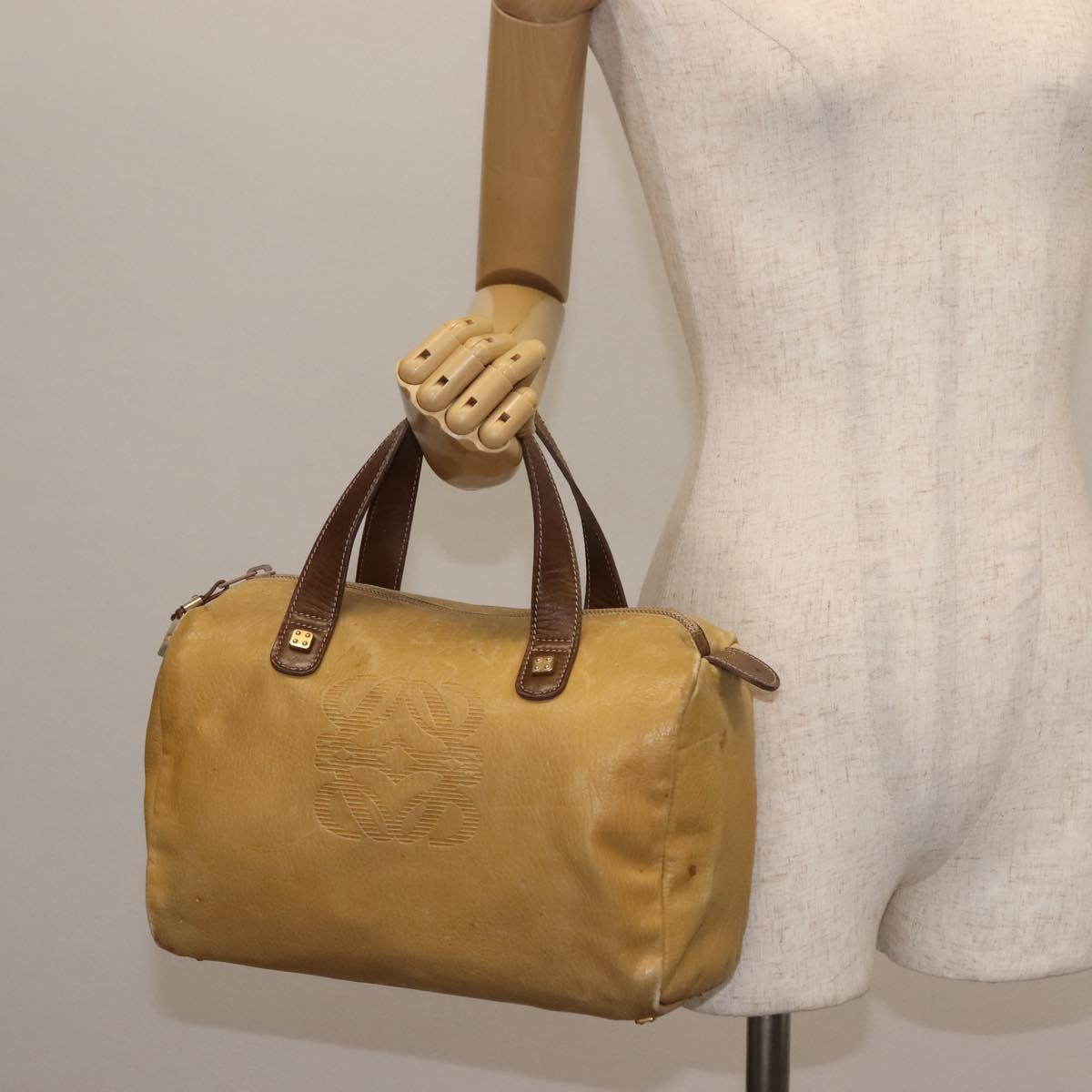 LOEWE Anagram Hand Bag Leather Beige Gold Auth bs29735