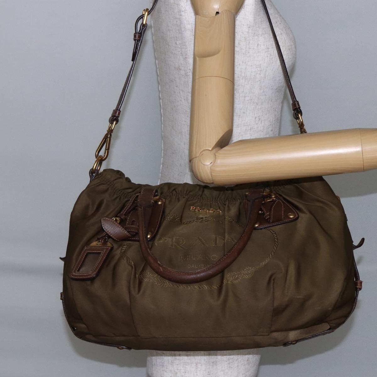 PRADA Tote Bag Nylon Leather 2way Brown Gold Auth bs29738