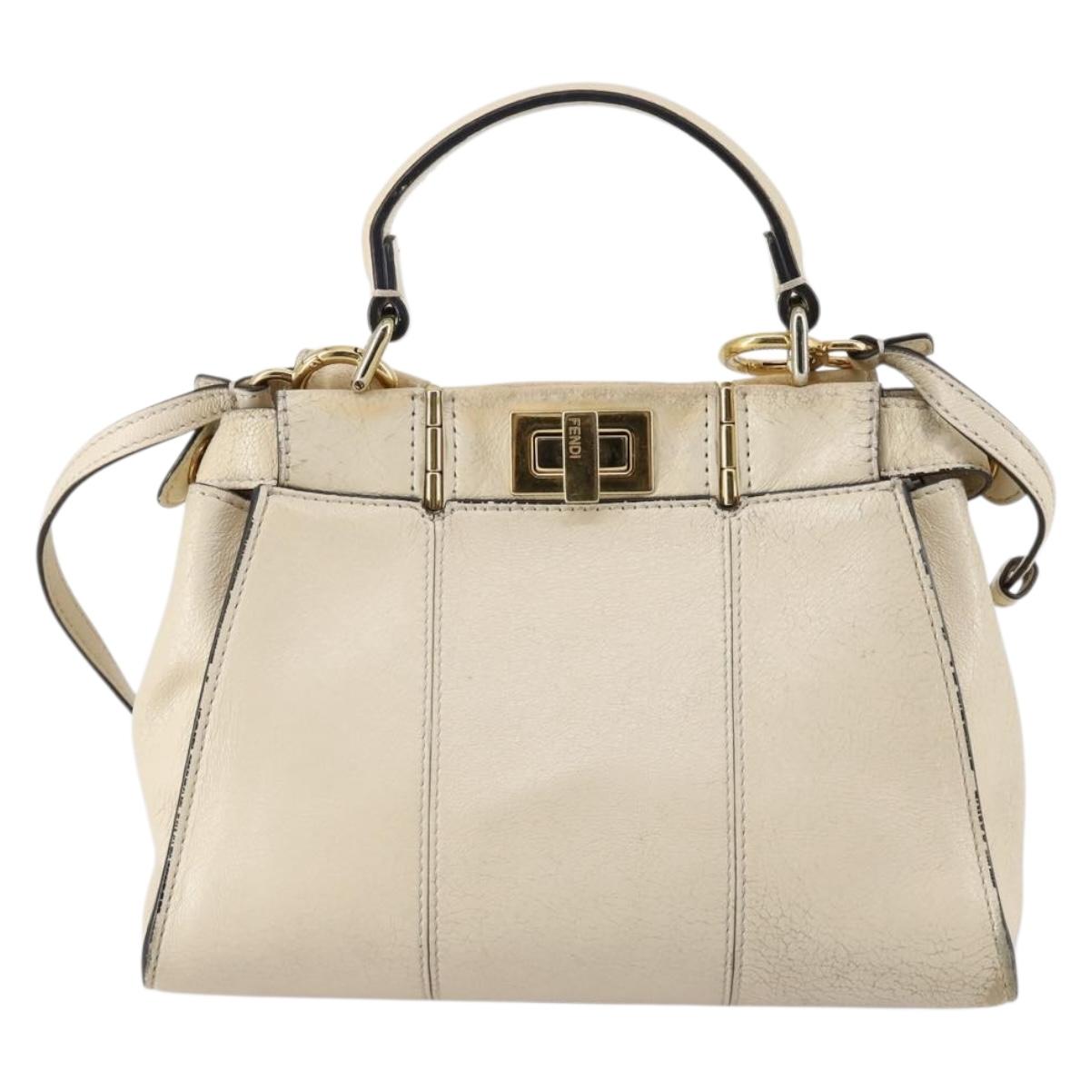 FENDI Mini Peek A Boo Hand Bag Leather 2way Ivory gold Auth bs29739