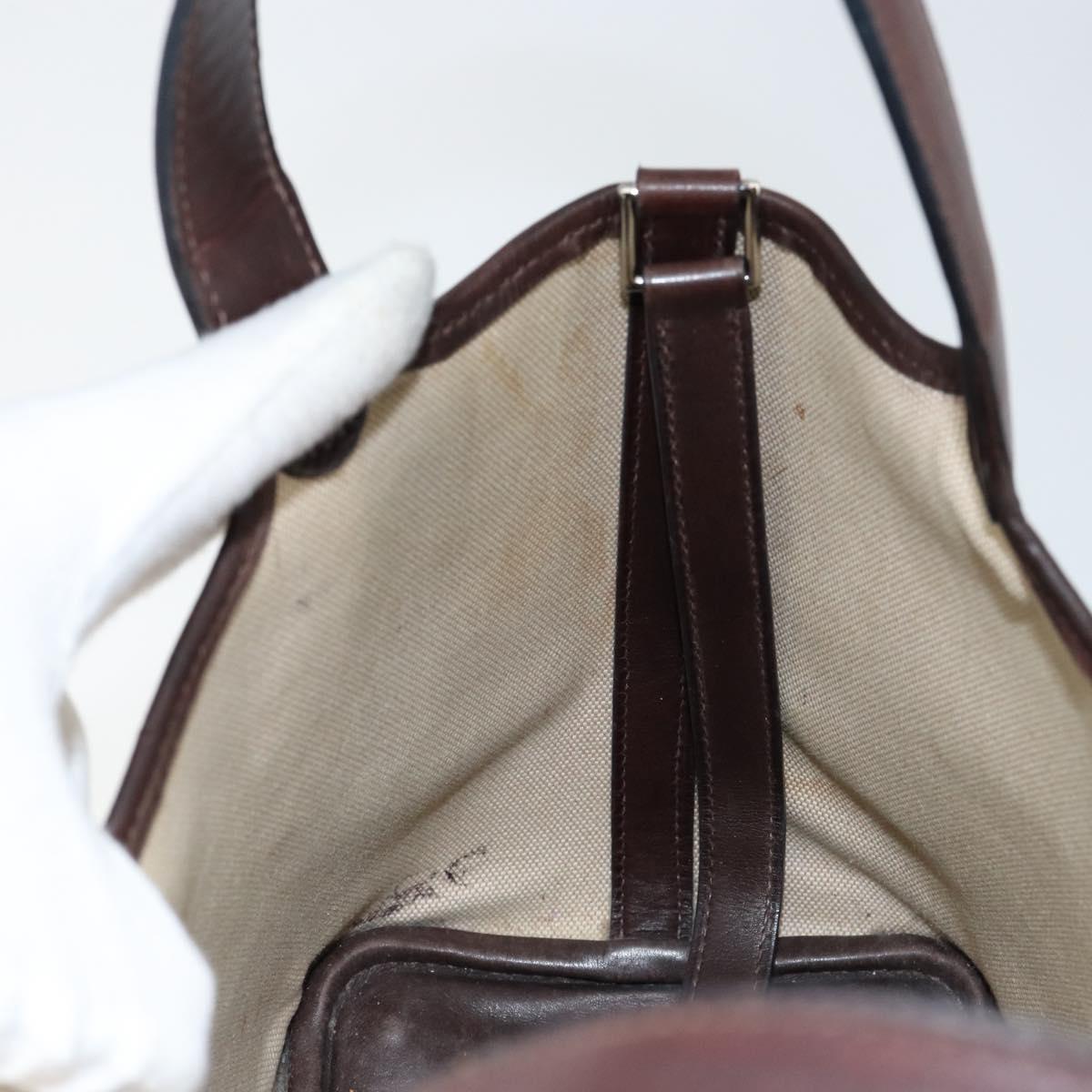 HERMES Toile H Picotin PM Bag Canvas Leather Beige Brown Silver Auth bs29741