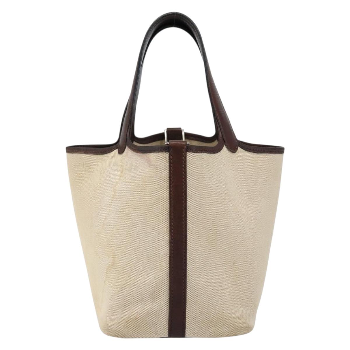 HERMES Toile H Picotin PM Bag Canvas Leather Beige Brown Silver Auth bs29741