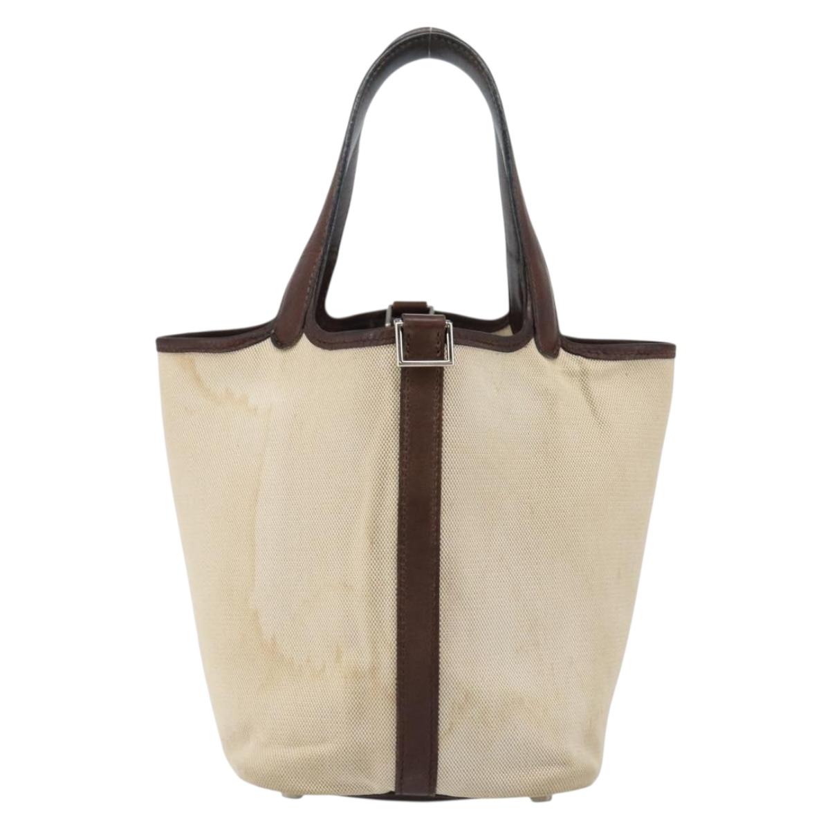 HERMES Toile H Picotin PM Bag Canvas Leather Beige Brown Silver Auth bs29741