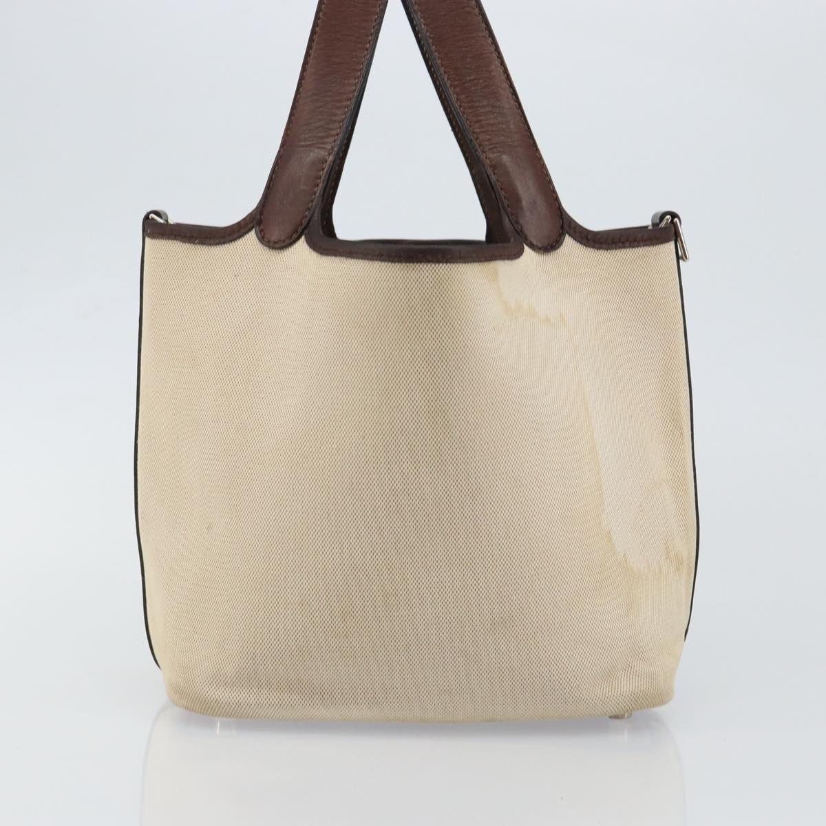 HERMES Toile H Picotin PM Bag Canvas Leather Beige Brown Silver Auth bs29741