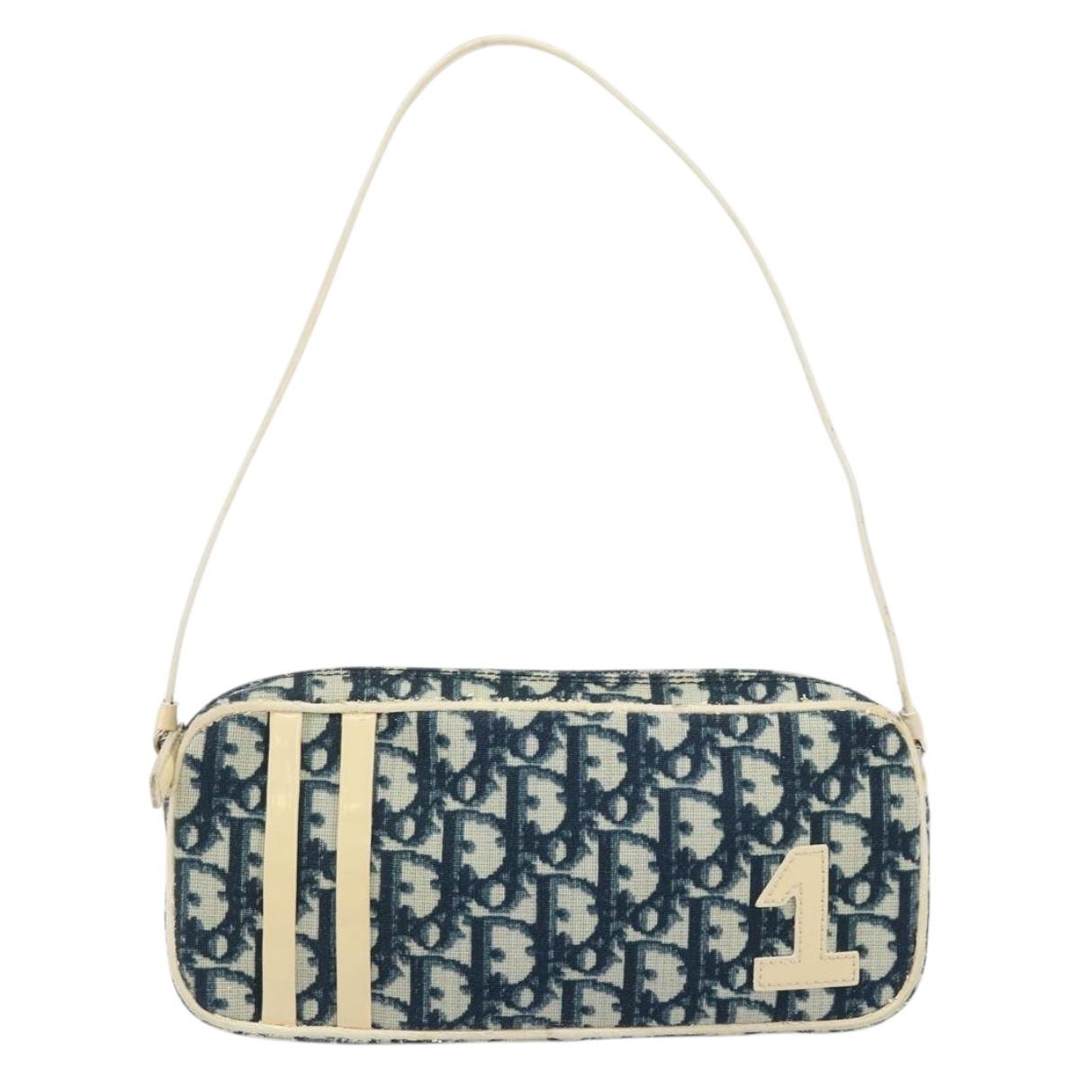 Christian Dior Trotter Canvas Shoulder Bag PVC Navy Silver Auth bs29753