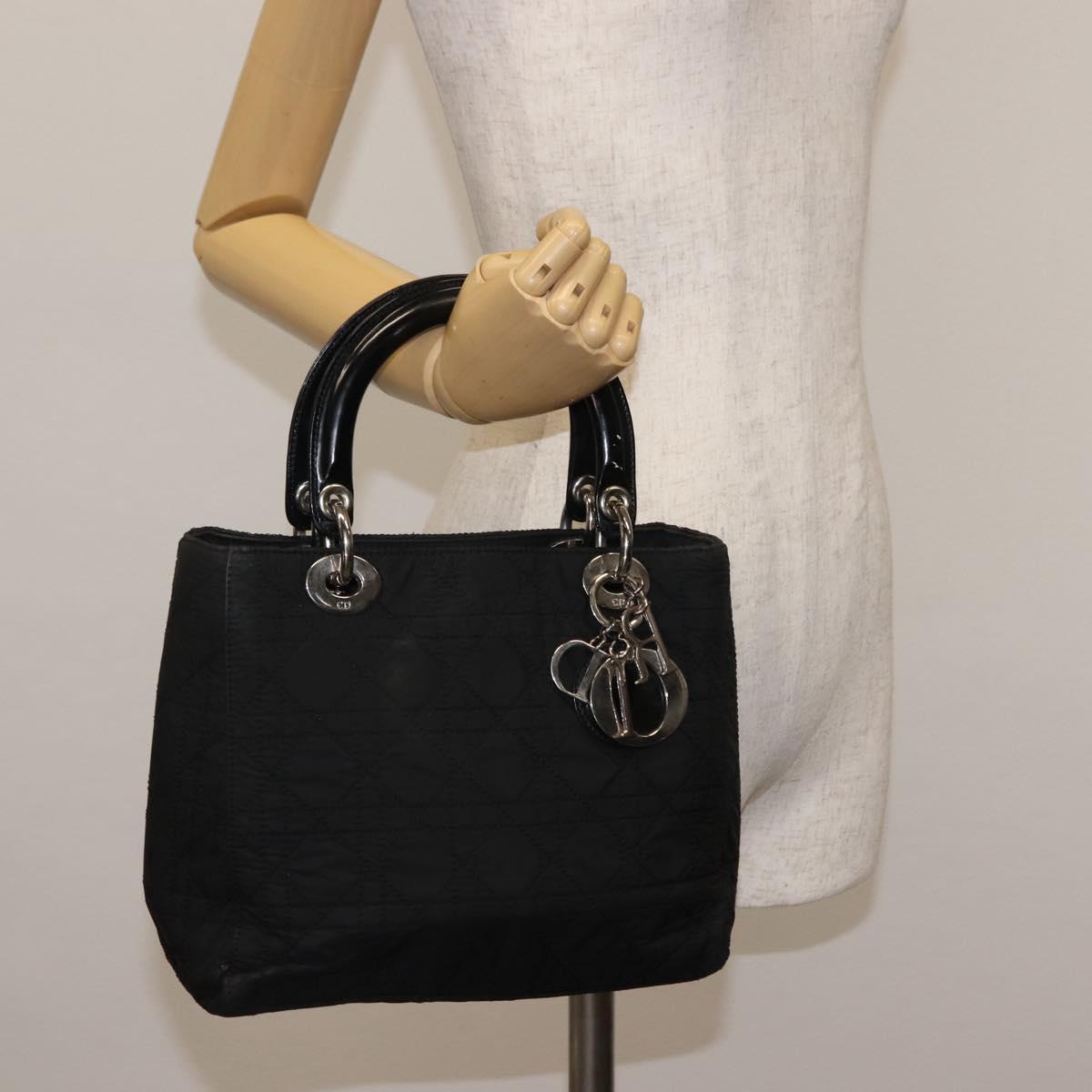 Christian Dior Lady Dior Canage Hand Bag Nylon Black Gold Auth bs29755
