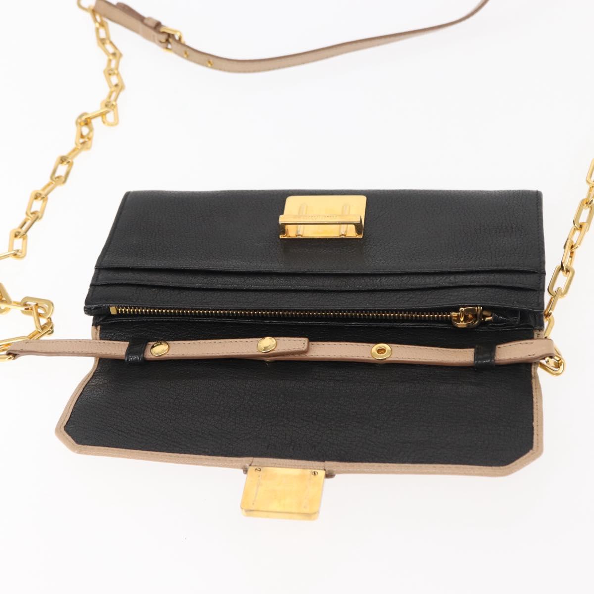 Miu Miu Chain Wallet Leather Beige Black gold Auth bs29776