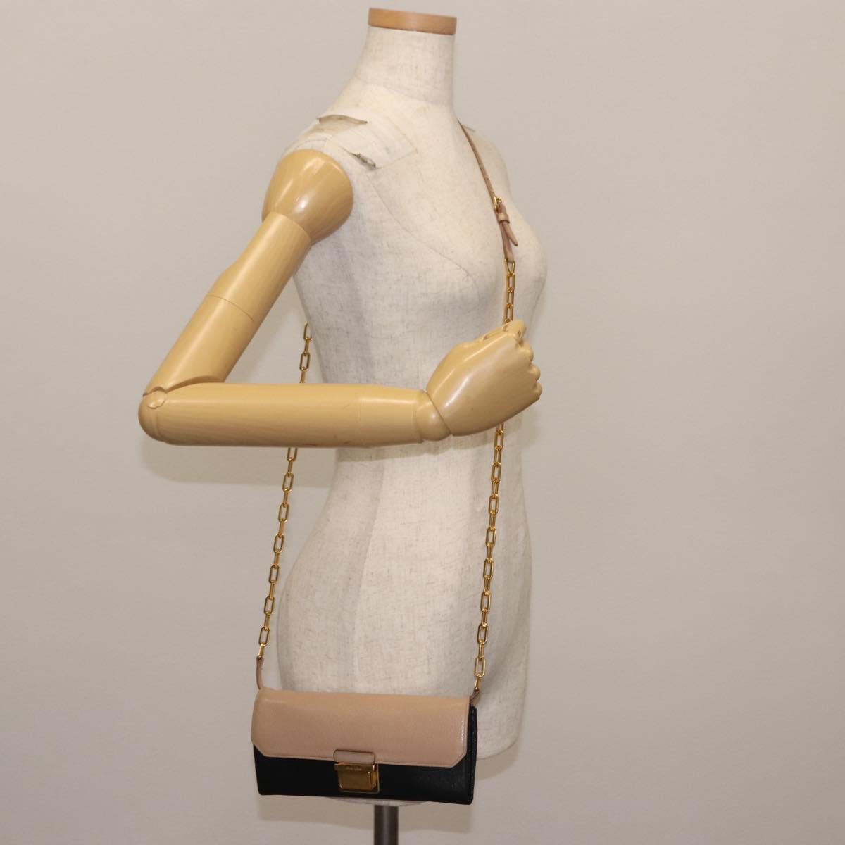 Miu Miu Chain Wallet Leather Beige Black gold Auth bs29776