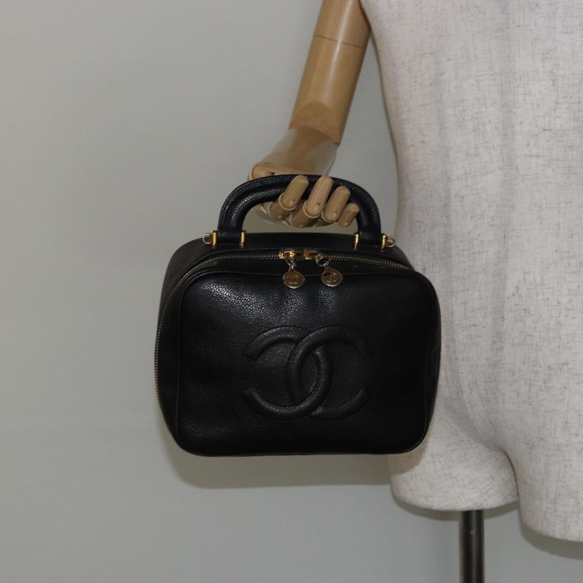 CHANEL COCO Mark Vanity Pouch Caviar Skin Black Gold CC Auth bs29781