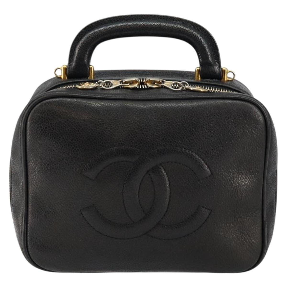 CHANEL COCO Mark Vanity Pouch Caviar Skin Black Gold CC Auth bs29781