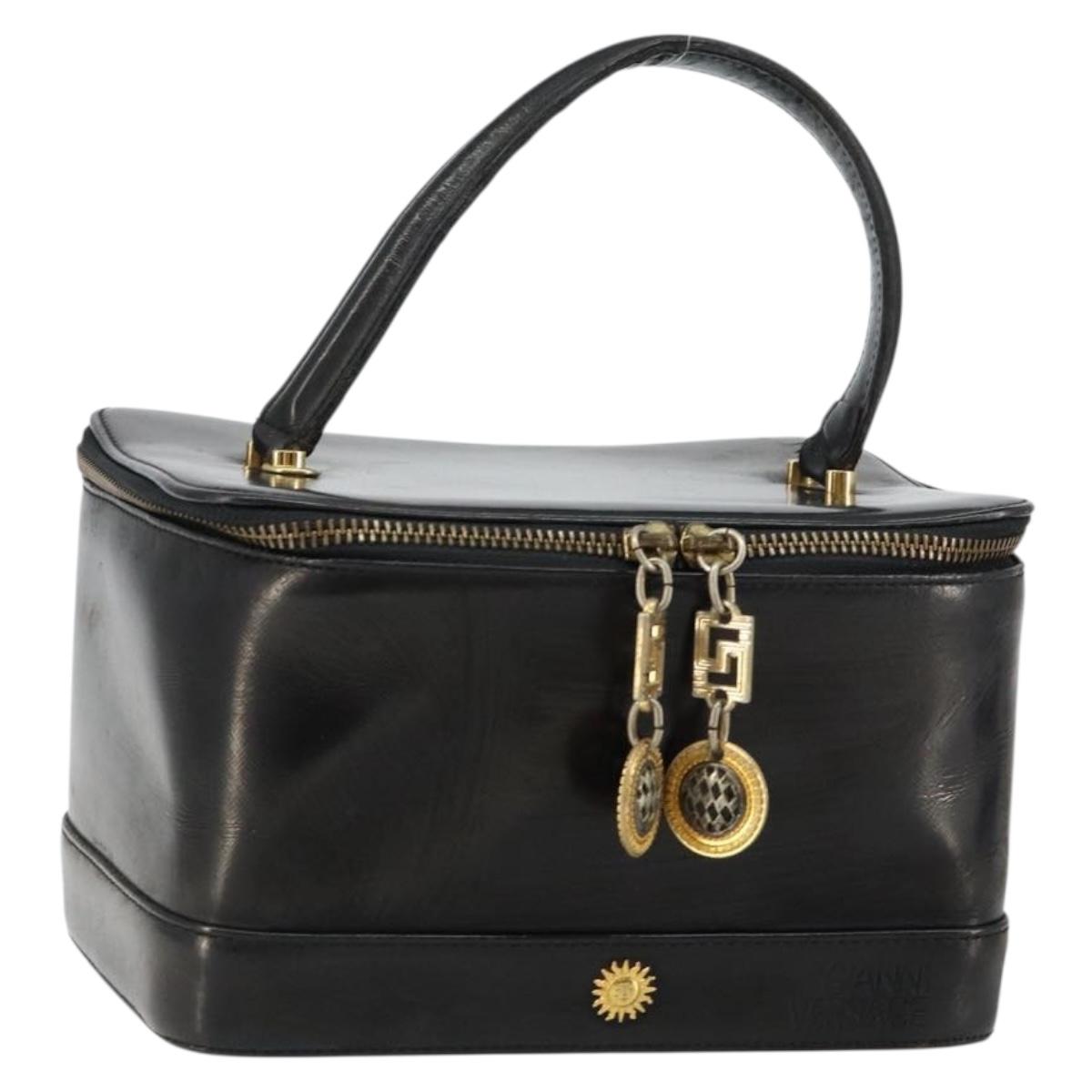 Gianni Versace Vanity Bag Leather Black Gold Auth bs29792
