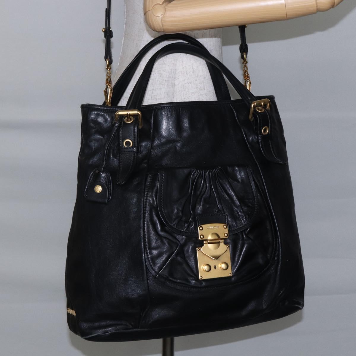 Miu Miu Tote Bag Leather 2way Black Gold Auth bs29797