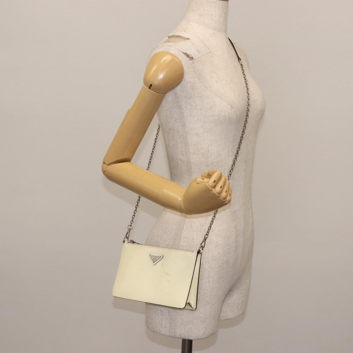 PRADA Chain Shoulder Bag Safiano leather White Silver Auth bs29803