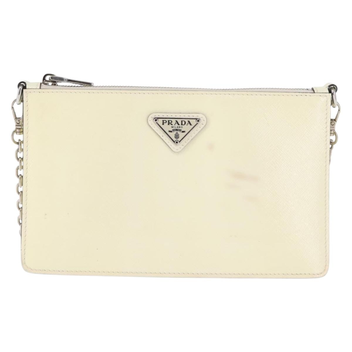 PRADA Chain Shoulder Bag Safiano leather White Silver Auth bs29803