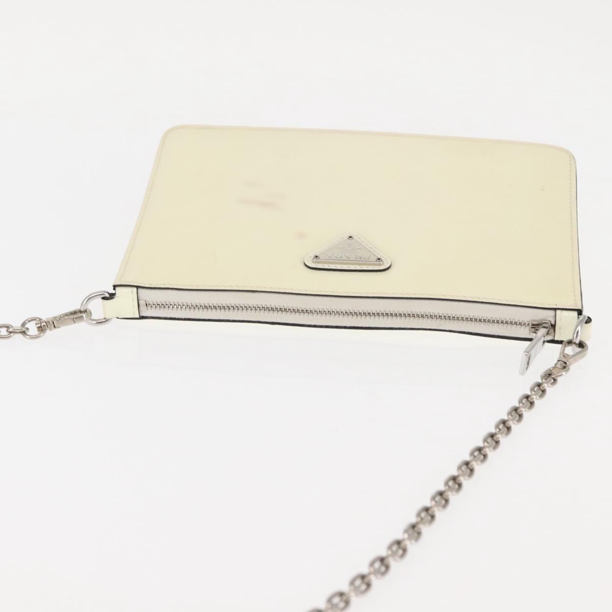 PRADA Chain Shoulder Bag Safiano leather White Silver Auth bs29803