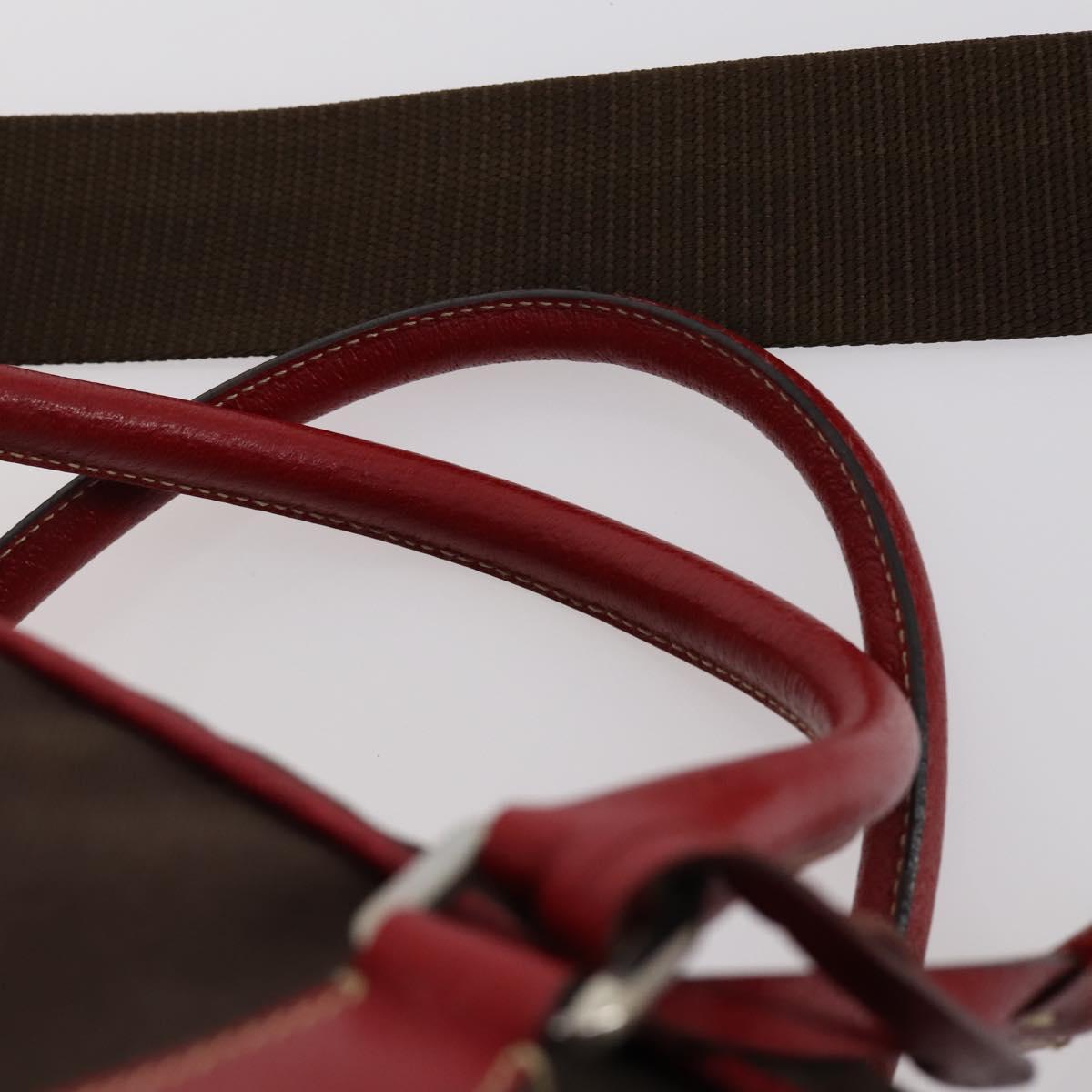 PRADA Boston Bag Canvas Leather Brown Red Silver Auth bs29804