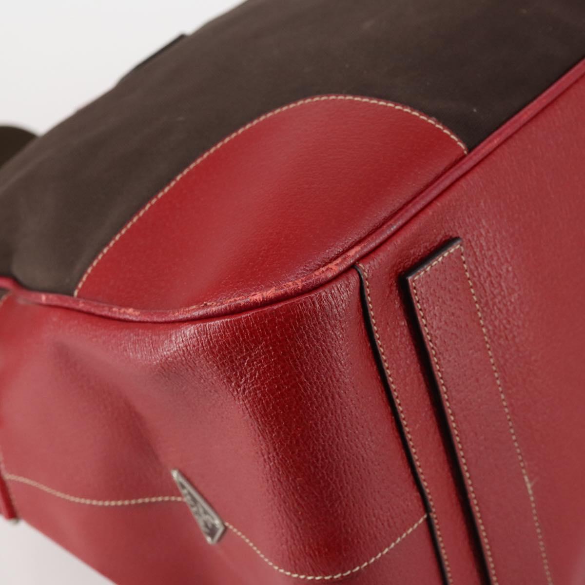 PRADA Boston Bag Canvas Leather Brown Red Silver Auth bs29804