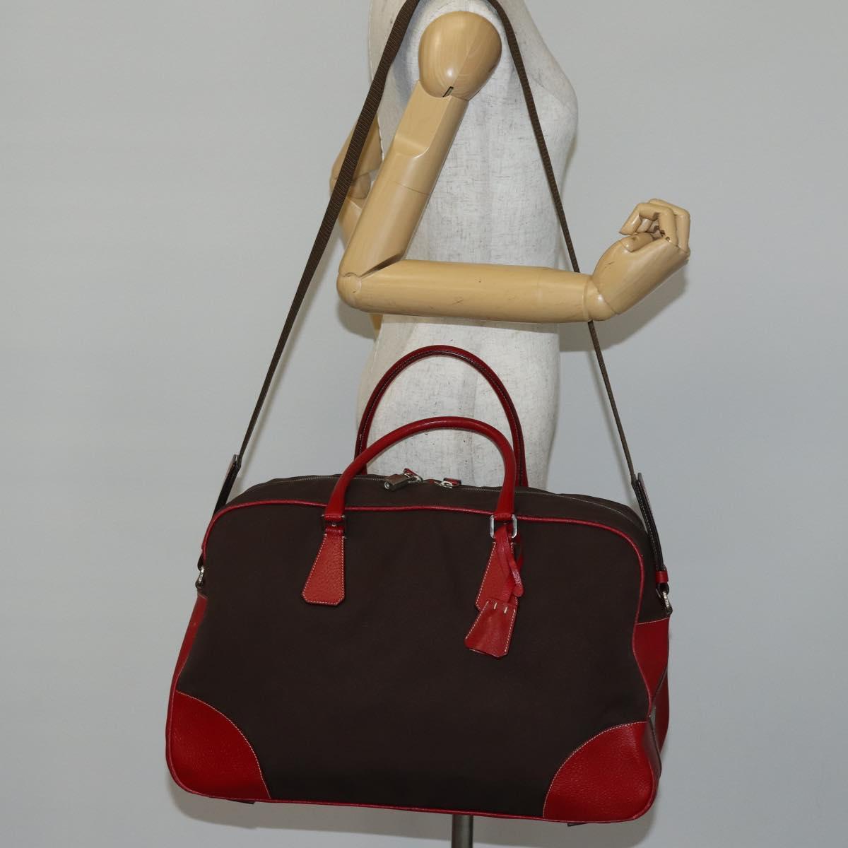 PRADA Boston Bag Canvas Leather Brown Red Silver Auth bs29804