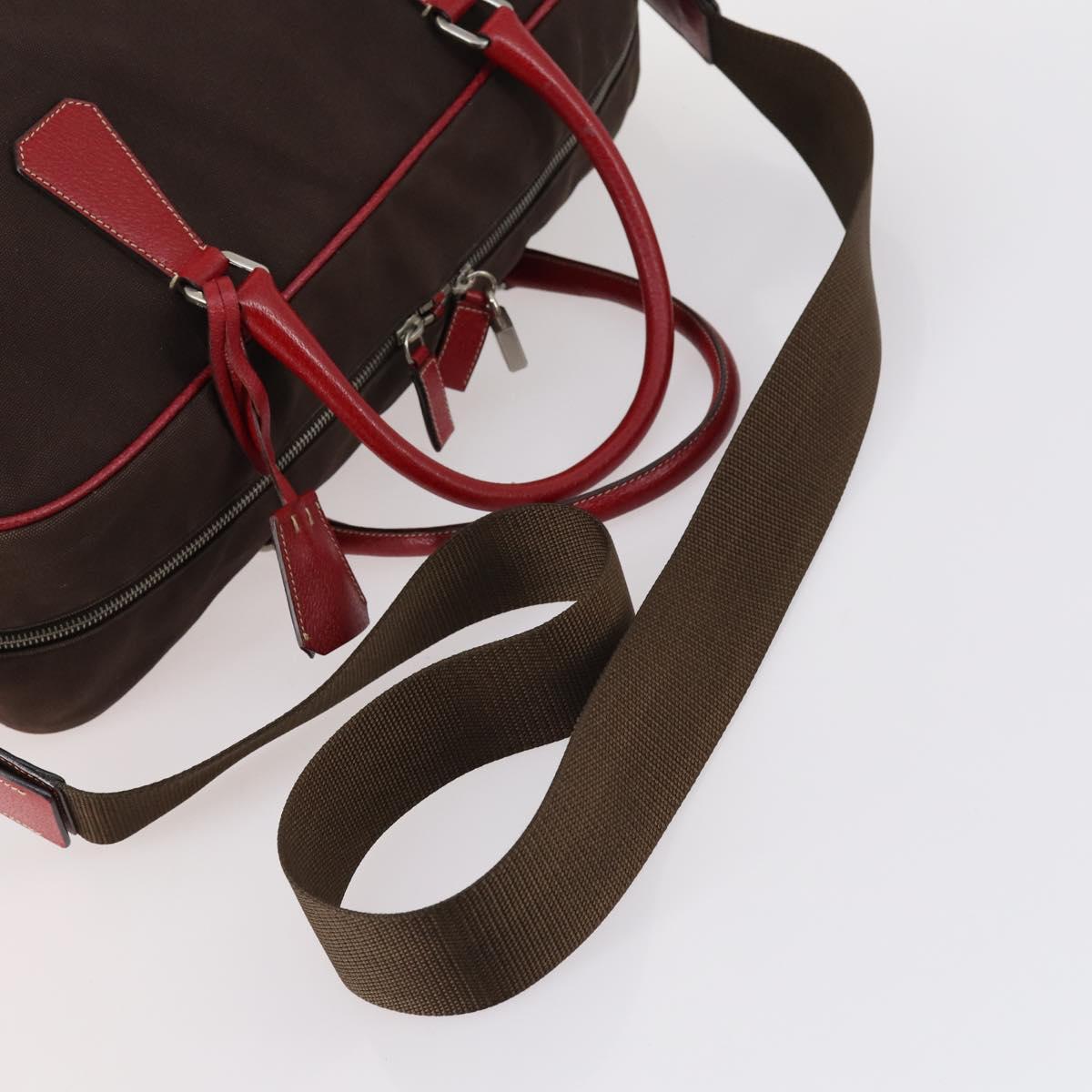 PRADA Boston Bag Canvas Leather Brown Red Silver Auth bs29804