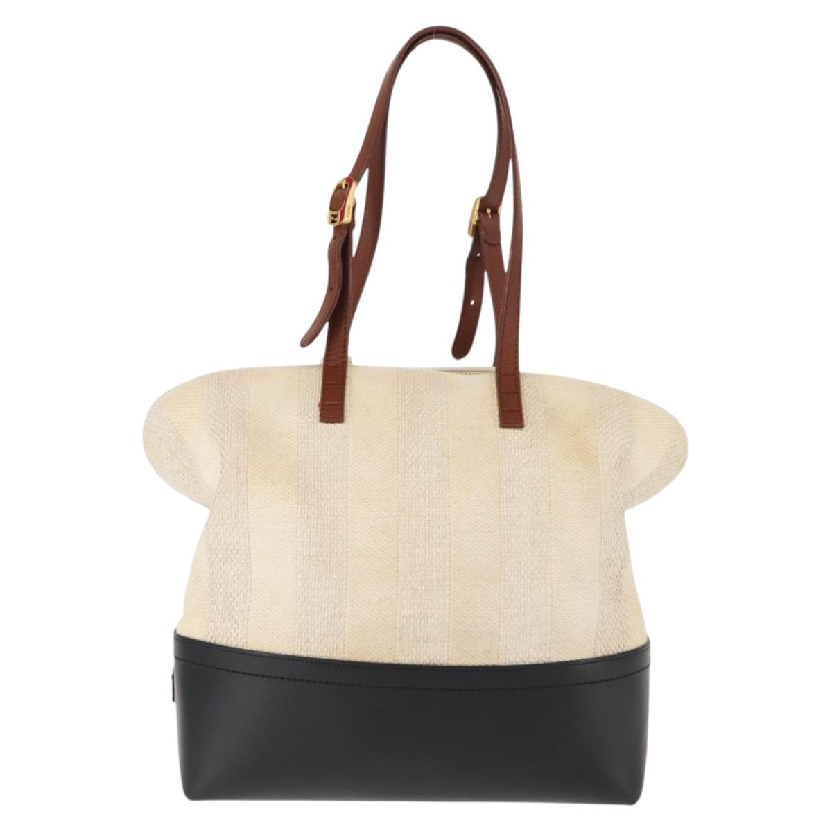 FENDI Pecan Canvas Tote Bag Canvas Leather Beige Black gold Auth bs29810