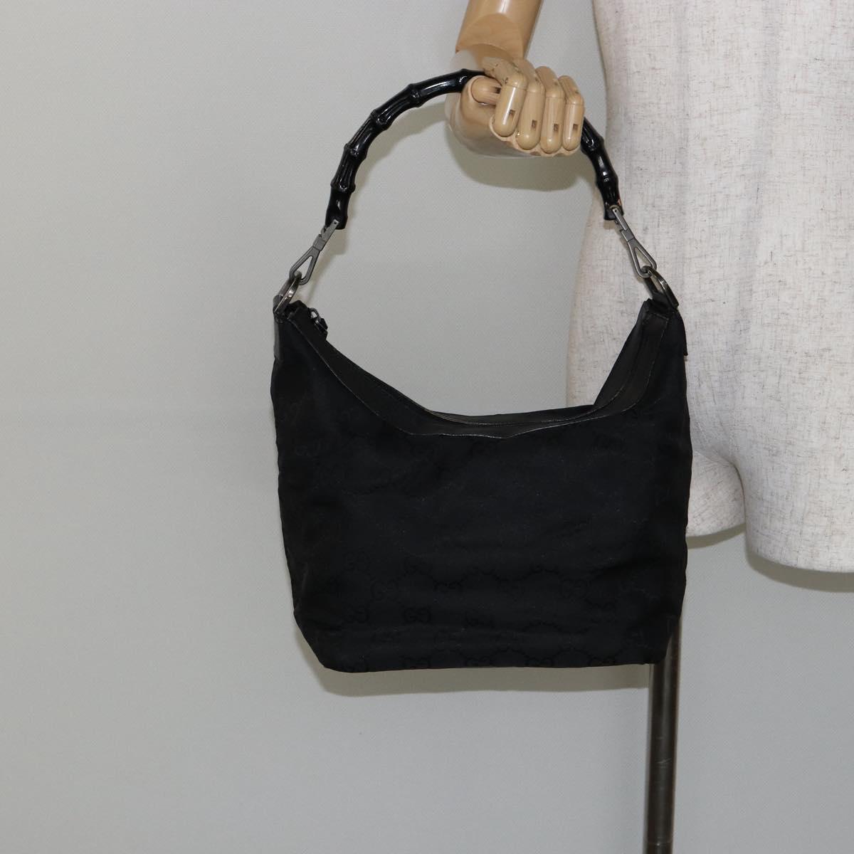 GUCCI Bamboo GG Canvas Shoulder Bag Nylon Black Gold 000 0531 Auth bs29811