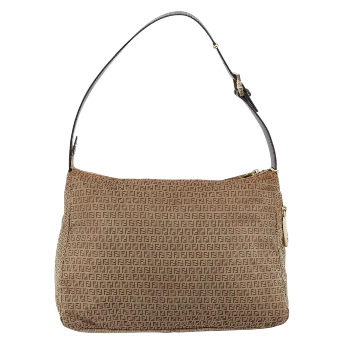 FENDI Zucchino Canvas Mamma Baguette Shoulder Bag Nylon Beige Gold Auth bs29812