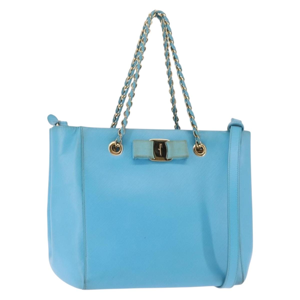 Salvatore Ferragamo Vala Chain Bag Leather 2way Light Blue Gold Auth bs29835