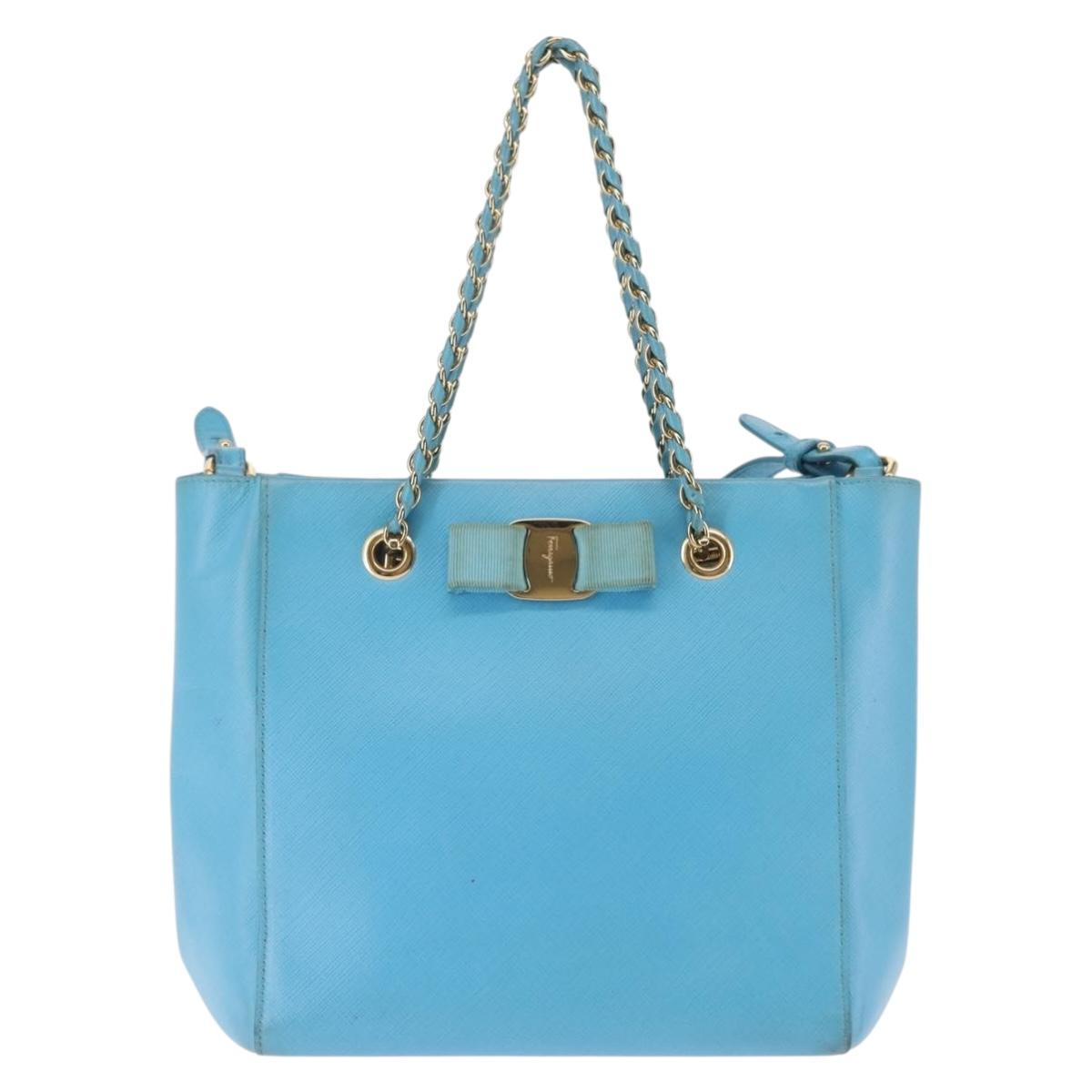 Salvatore Ferragamo Vala Chain Bag Leather 2way Light Blue Gold Auth bs29835