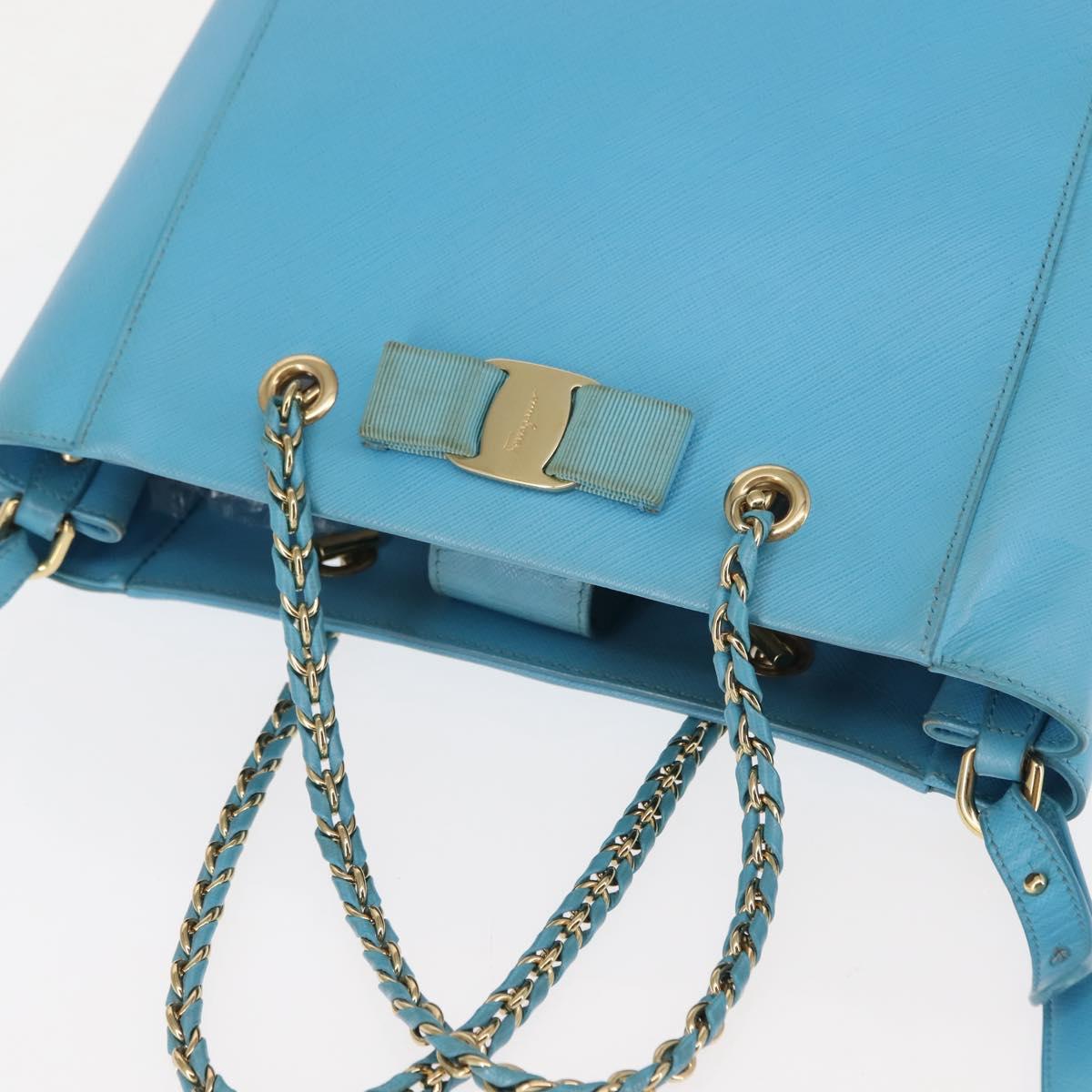Salvatore Ferragamo Vala Chain Bag Leather 2way Light Blue Gold Auth bs29835