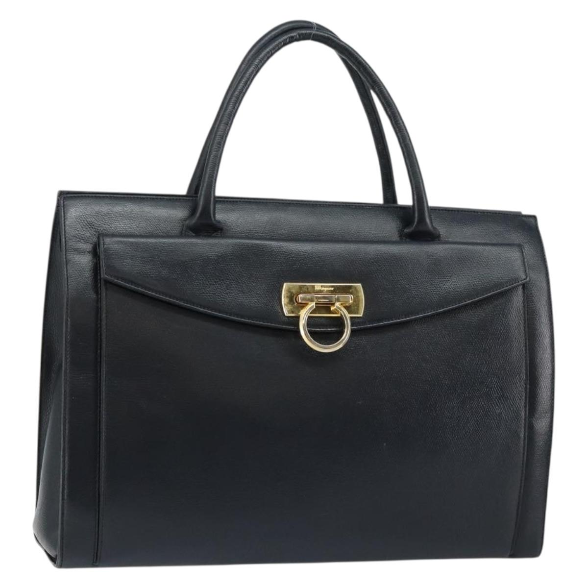 Salvatore Ferragamo Gancini Hand Bag Leather Black Gold Auth bs29837